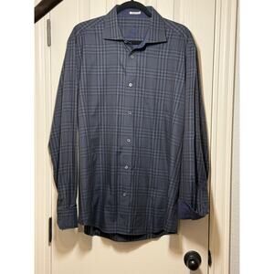 Bugatchi Uomo XL Flip Cuff Dress Shirt Dark Plaid Classic Fit Business Casual
